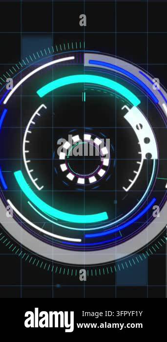 Animation of interface with neon round scanner and data processing ...