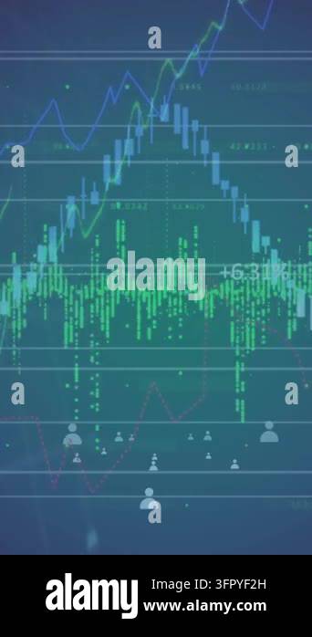 Animation of financial and stock market data processing against purple ...