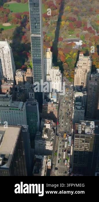 Middle View Vertical video: High angle view of wide avenue between tall skyscrapers ...