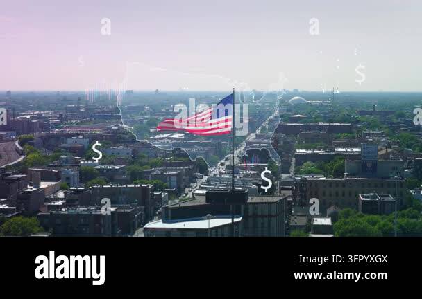 American flag waving over a city with United States map outline and ...