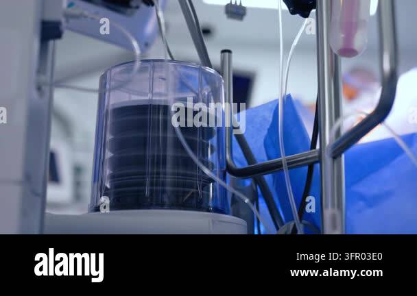 Medical Instrument Signage Pump of lung ventilating machine pumping air to the patient. Close up ...