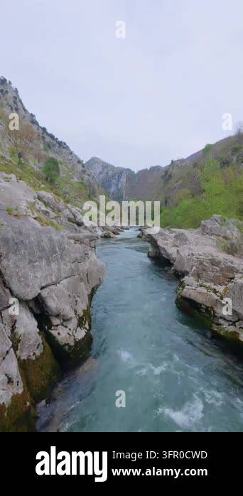 Limestone In Rivers Vertical shot of a jade green river squeezing through a narrow channel ...
