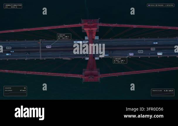 Top down aerial view of Lisbon at dusk: cars on 25 de Abril Bridge ...