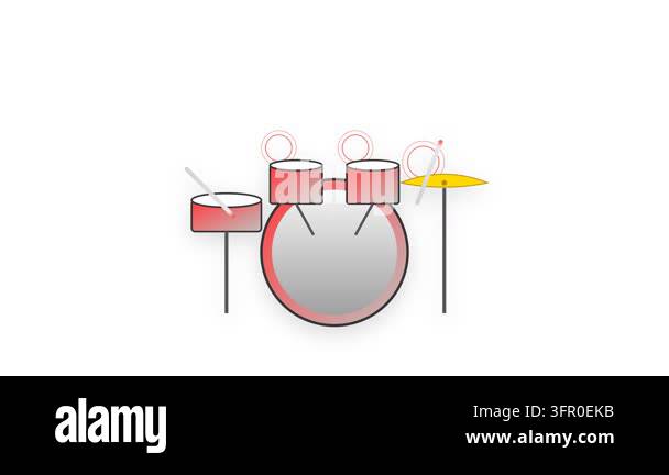 A professional 2D flat icon of a drum kit featuring a red and silver ...