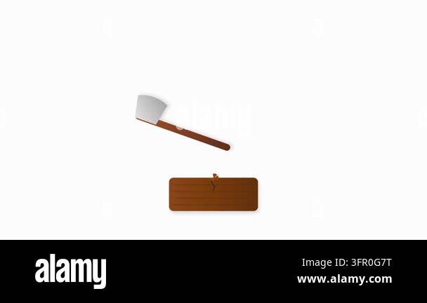 Silver Axe Impacting Brown Wood Log with Exploding Wood Chips in Flat ...
