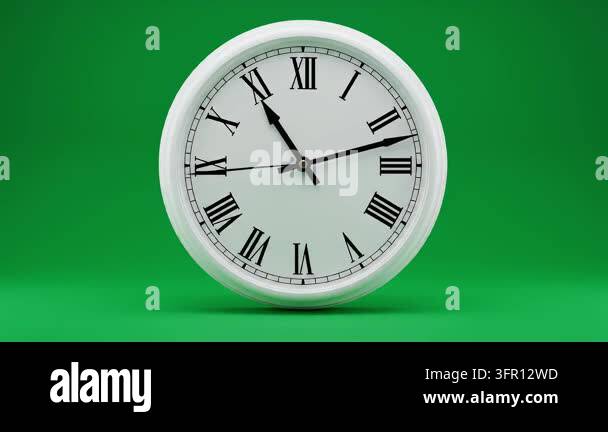 Roman Clock Timer Close-up of a white analog clock with Roman numerals on a green ...