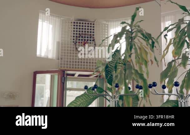 Large round clock mounted on a white grid wall inside Stock Video ...