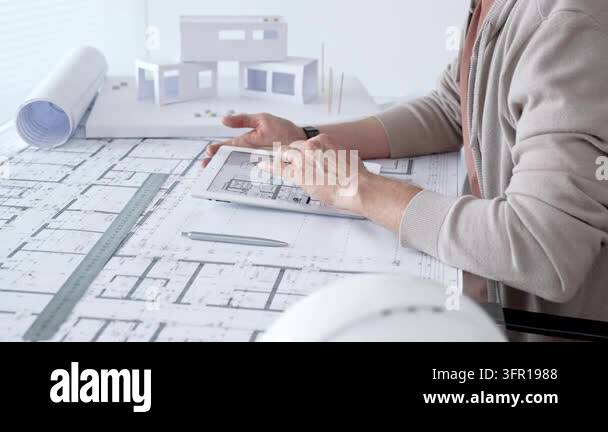 Architect reviews building plans on a digital tablet amid paper ...