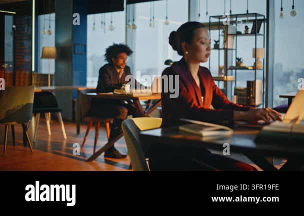Document View Camera Entrepreneur working laptop evening coworking space, coworker sitting ...