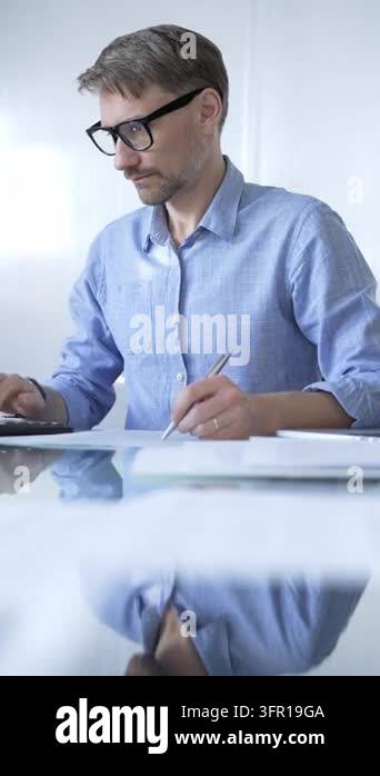 Vector Image Banknote Businessman or accountant, wearing blue casual shirt and glasses, is ...