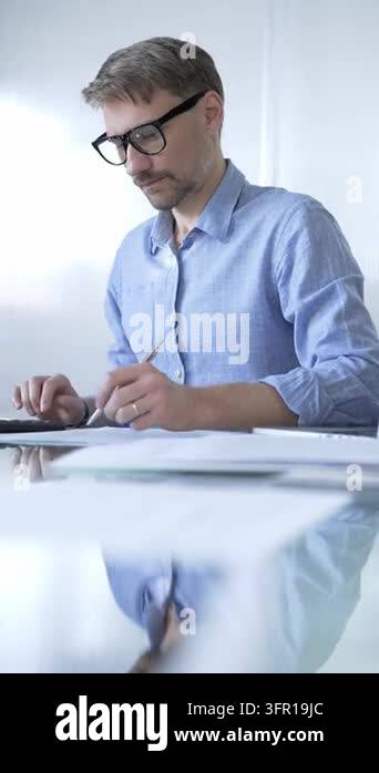 Vector Image Banknote Businessman or accountant, wearing blue casual shirt and glasses, is ...