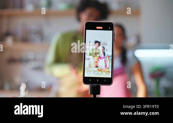 Screen Recorder Vector Cooking vlog recording home kitchen, smiling couple presenting fresh ...