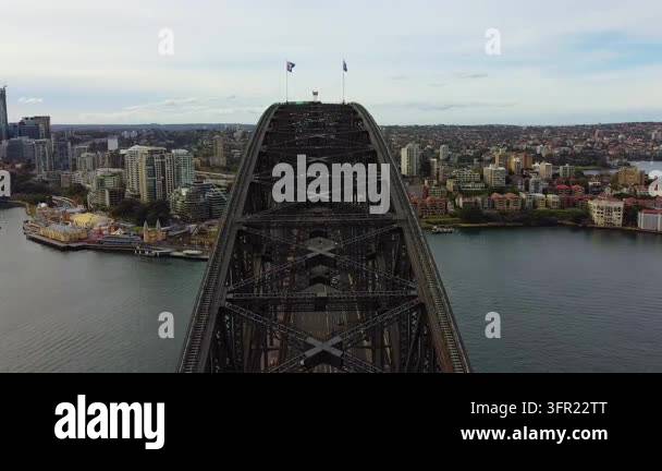 Iconic sydney harbour bridge with cars driving across. An aerial ...