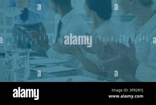 Diverse team clapping at meeting table with waveform after presenter ...