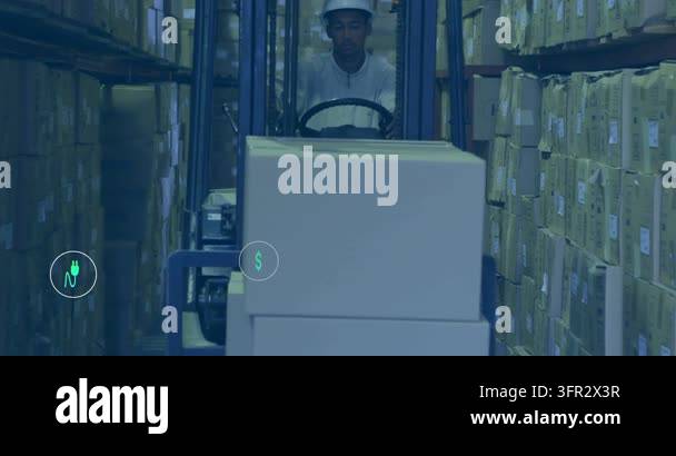 Forklift operator driving forward down aisle, green icons multiplying ...