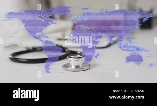 Medical Instrument Signage Map overlay appearing over stethoscope, shifting from scanlines to ...