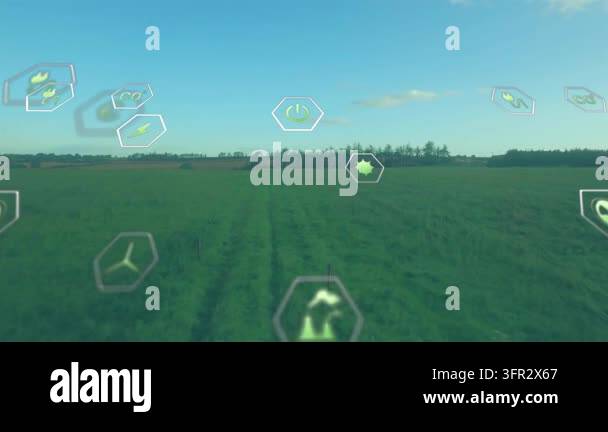 Aerial camera moving over farmland, sensors detecting data, projecting ...