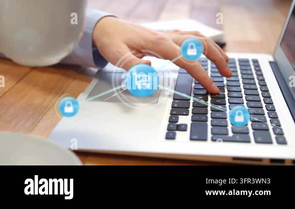 Right hand touching trackpad typing faint blue cart and lock icons ...