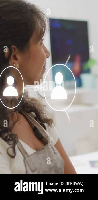 Vertical video: Animated user icons forming in front, woman in apron ...