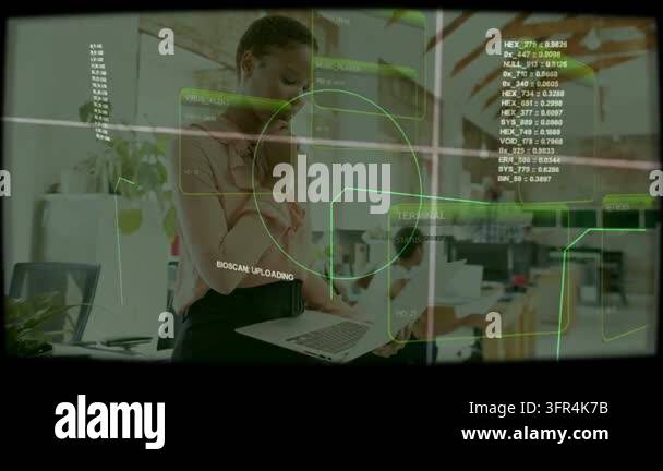 HUD activating, foreground woman holding laptop and phone, scanning ...