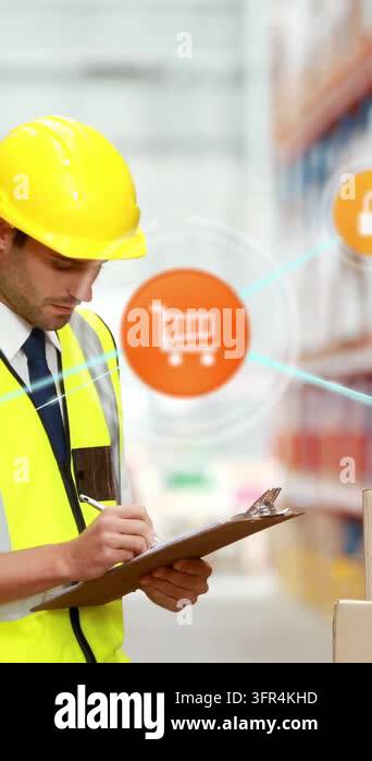 Vertical video: Stock clerk checking shelves writing clipboard causing ...