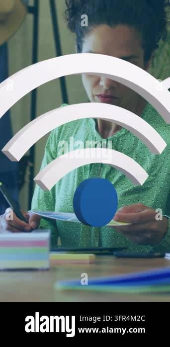 Notepad Clip Vector Vertical video: Woman tapping stylus on pad activating Wi-Fi overlay ...