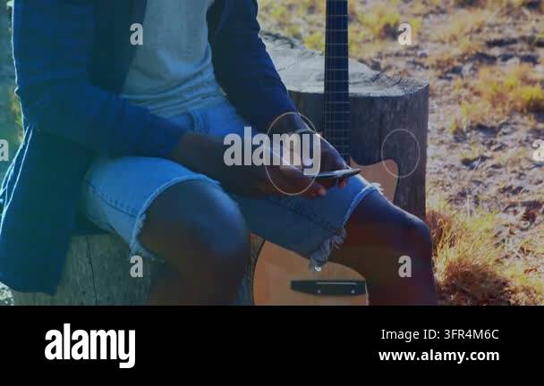Man tapping phone on stump engaging social network, forming user icons ...