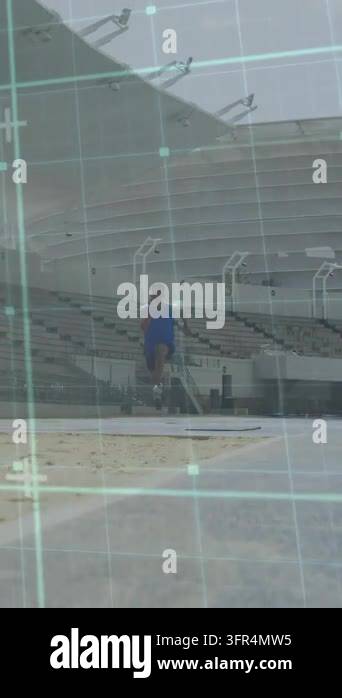 Male athlete sprinting runway for long-jump, planting, launching into ...