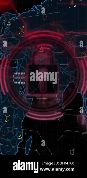 Lock icon and cybersecurity animation over world map with data points ...