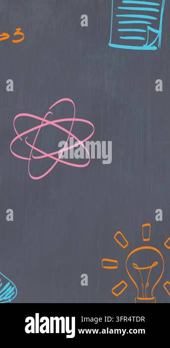 Animation of school items icons over crayons and blackboard. education ...