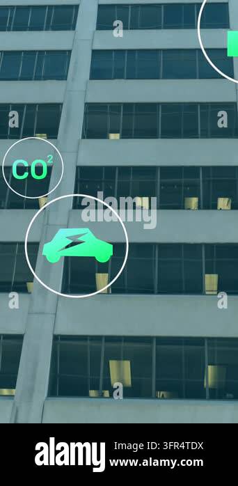 Animation of digital icons over office building. global digital ...