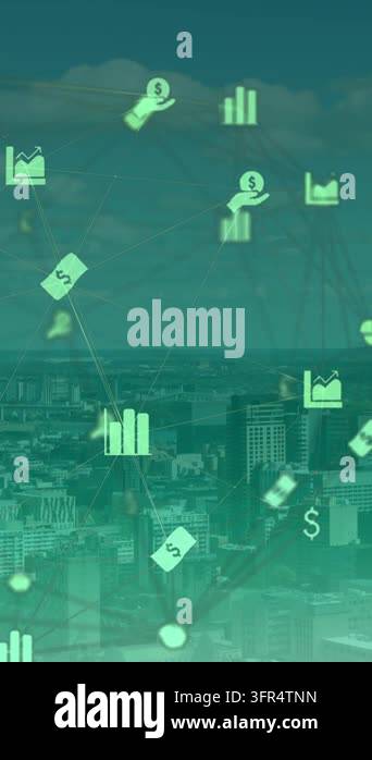 Animation of network of connections with icons over cityscape. business ...