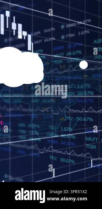 Animation of clouds with icons over data processing on black background ...