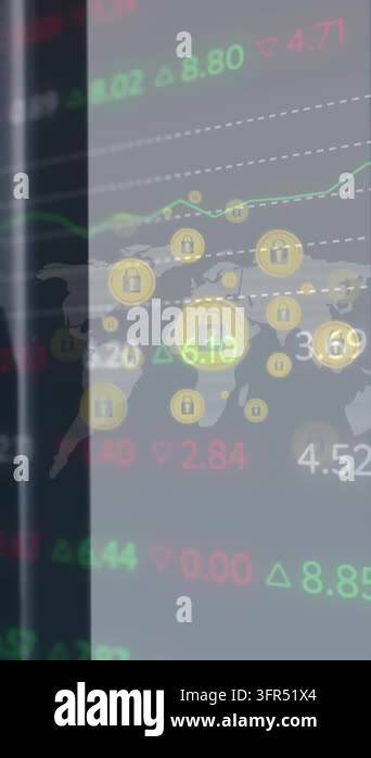 Animation of financial data and world map with icons over servers ...