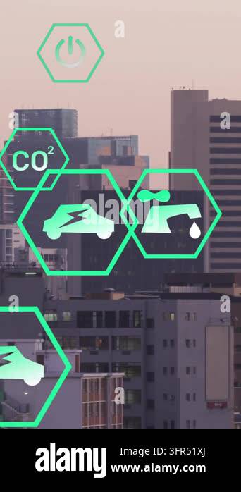 Animation of network of eco icons over cityscape. Global environment ...