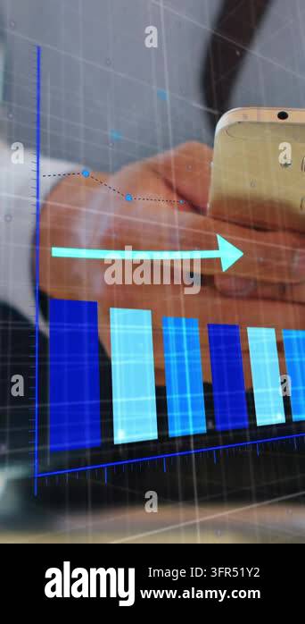 Animation of blue graph over hands of man using smartphone. Global ...