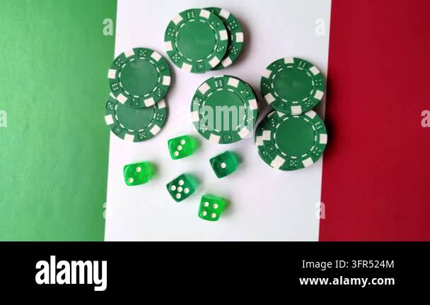 Playing cards, dice and chips on a table, a gambling game of blackjack ...
