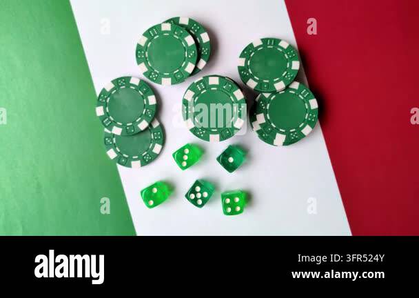 Playing cards, dice and chips on a table, a gambling game of blackjack ...