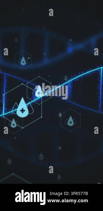 Animation of icons, dna strand over data processing. Global science ...