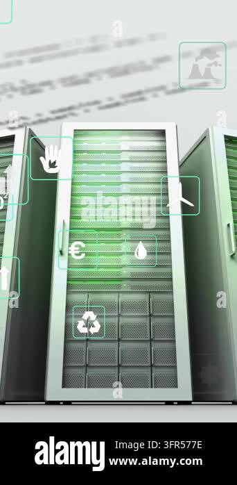 Animation of eco icons and data processing over computer servers ...