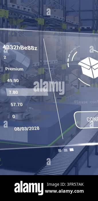 Animation of digital interface with icons and data processing over ...