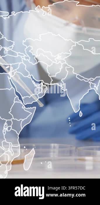 Animation of world map over female scientist with pipette. Global ...
