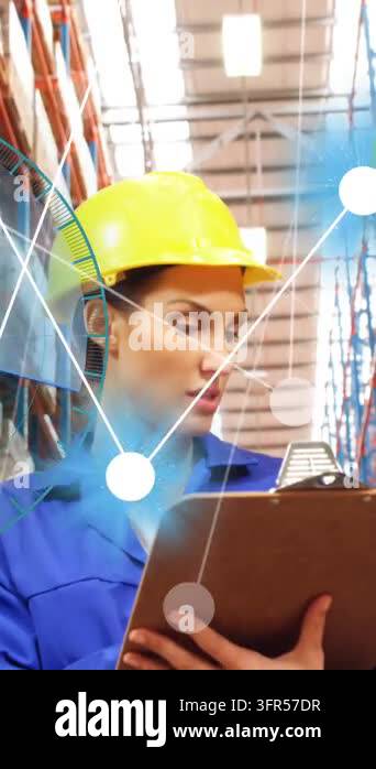 Animation of network of connections with icons over diverse engineers ...