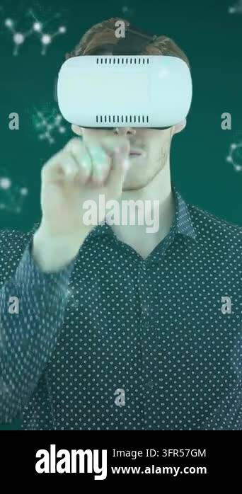 Animation of a Caucasian man wearing a VR headset, touching a screen ...