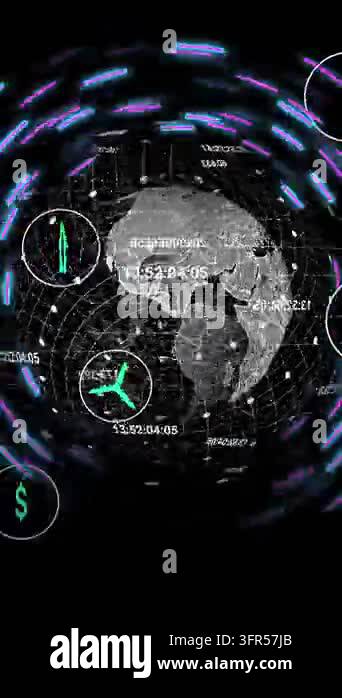 Animation of eco icons and data processing over globe with light trails ...