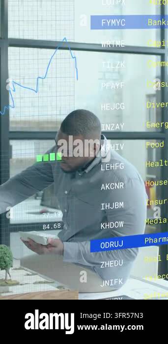 Charts processing data over african american male architect studying ...