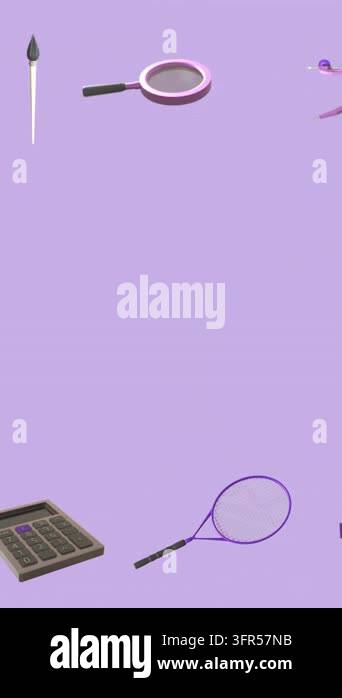 Animation of school item icons moving with copy space on purple ...