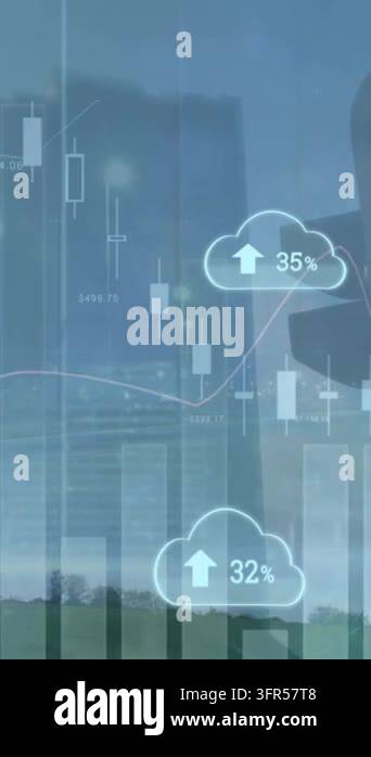 Animation of social media icons and data processing over cityscape ...