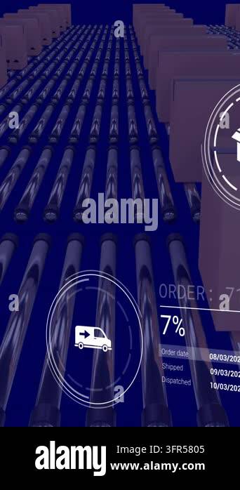 Animation of icons with data processing over boxes on conveyor belt ...