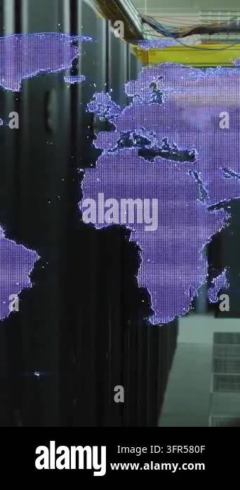 Animation of glitch technique in map against server room in background ...